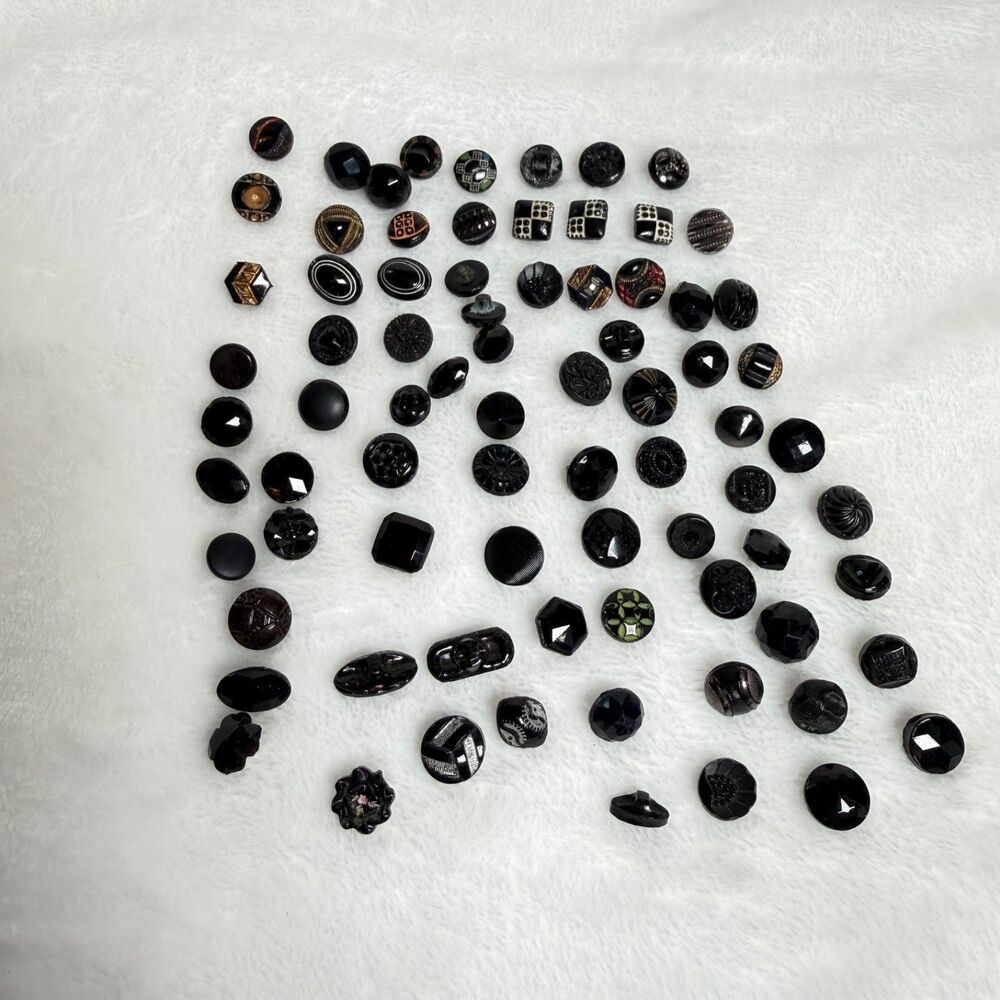 Lot 78 Vintage Black Glass Buttons Mixed Shapes Shank Faceted Czech Style